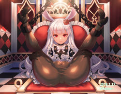 1girl 2018 animal_ears artist_name ass bad_id bad_pixiv_id bare_shoulders black_dress black_gloves black_pantyhose breasts cameltoe chain chair cleft_of_venus covered_anus cuffs dated dress elin flower gloves grin hair_flower hair_ornament high_heels leaning_back legs legs_up long_hair mary_janes no_panties pantyhose presenting pussy rabbit_ears red_eyes rikume see-through shoes silver_hair sitting small_breasts smile solo spread_legs strapless strapless_dress tera_online rating:Explicit score:137 user:danbooru