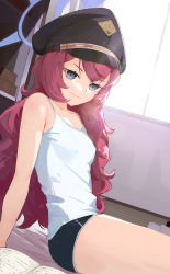  1girl absurdres arm_support black_eyes black_hat blue_archive book breasts camisole hair_between_eyes halo hat hat_ribbon highres indoors iroha_(blue_archive) long_hair looking_at_viewer military military_hat necktie ribbon ryeon_(bluetom1) shelf shirt shorts sitting small_breasts solo thighs window  rating:Sensitive score:50 user:danbooru