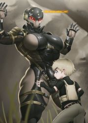 1boy 1girl age_difference armor bleachedleaves blonde_hair bodysuit breasts english_text frogs_(metal_gear) helmet hetero highres huge_breasts konami mask metal_gear_(series) metal_gear_solid metal_gear_solid_4 military shota soldier