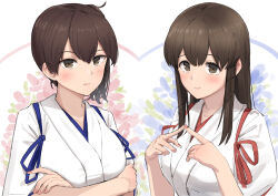 2girls akagi_(kancolle) breasts brown_hair commentary_request crossed_arms double-parted_bangs floral_background hair_between_eyes index_fingers_together japanese_clothes kaga_(kancolle) kantai_collection kimono light_blush looking_at_viewer medium_breasts medium_hair multiple_girls osananajimi_neko pink_lips side_ponytail sidelocks upper_body white_kimono