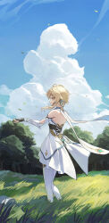  1girl absurdres backless_dress backless_outfit bare_shoulders blonde_hair boots breasts closed_mouth cloud cloudy_sky cotta_(heleif) day detached_sleeves dress elbow_gloves flower from_side genshin_impact gloves gold_trim hair_flower hair_ornament highres lumine_(genshin_impact) on_grass outdoors partially_fingerless_gloves profile scarf short_hair_with_long_locks sky sleeveless sleeveless_dress small_breasts smile solo thigh_boots white_dress white_flower white_footwear white_gloves white_scarf yellow_eyes  rating:General score:14 user:danbooru