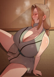  1girl 6no1 belt blonde_hair blush breasts cleavage closed_eyes highres huge_breasts kunoichi long_hair mature_female naruto naruto_(series) naruto_shippuuden open_mouth solo spread_legs sweat sweatdrop tagme thighs tsunade_(naruto)  rating:Explicit score:95 user:GreatAlpha
