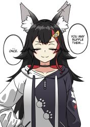  1girl :3 absurdres animal_ear_fluff animal_ears artist_name black_hair black_hoodie blush choker closed_eyes closed_mouth collarbone drawstring english_text eyelashes hair_between_eyes hair_ornament highres hololive hood hood_down hoodie long_hair long_sleeves meme multicolored_hair official_alternate_costume ookami_mio ookami_mio_(casual) paw_print red_hair sidelocks simple_background smile solo speech_bubble split_mouth streaked_hair twitter_username two-tone_hoodie virtual_youtuber white_background white_hoodie wolf_ears yeetrbium you_may_spank_it_once_(meme)  rating:General score:18 user:Skikdo
