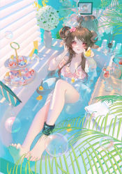 absurdres ahoge animal_ears ankleband anklet arknights bathing bikini window_blinds brown_hair bubble bucket commentary drink eyjafjalla_(arknights) eyjafjalla_(summer_flower)_(arknights) fern flower food full_body glass hair_flower hair_ornament highres holding holding_toy horns infection_monitor_(arknights) jewelry knee_up long_hair looking_at_viewer lying off-shoulder_bikini off_shoulder official_alternate_costume open_mouth partially_submerged pink_bikini pink_eyes pink_flower plant rubber_duck sarong shadow sheep_ears sheep_girl sheep_horns softkittywarmkitty solo sparkle swimsuit swimsuit_cover-up toy vase white_sarong rating:Sensitive score:10 user:danbooru