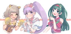  3girls :d animal_ear_hairband animal_ears animal_hands bad_id bad_twitter_id blue_eyes blunt_bangs blunt_ends brown_hair cat_ear_hairband cat_ears closed_mouth commentary_request cropped_torso fake_animal_ears gloves green_hair hairband hands_up highres idol_clothes inactive_account long_hair looking_at_viewer manaka_non mole mole_under_mouth multiple_girls one_eye_closed open_mouth paw_gloves peacock_feathers pout pretty_series pripara purple_eyes purple_hair red_hairband shiyurinpu short_hair side_ponytail sidelocks smile taiyo_pepper tsukikawa_chili two_side_up upper_body v white_background 
