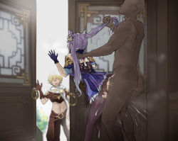  1girl 2boys absurdres aether_(genshin_impact) black_pantyhose blonde_hair breasts censored clothed_female_nude_male clothed_sex cum cum_in_pussy dark-skinned_male dark_skin doggystyle doorway double_bun dress genshin_impact gloves grabbing_another&#039;s_hair hair_bun hair_pulled_back highres interracial keqing_(genshin_impact) medium_breasts mosaic_censoring multiple_boys netorare nipples nude open_door pantyhose peeking_out purple_hair sex sex_from_behind standing standing_sex stealth_sex torn_clothes torn_legwear twintails waving yi_zhi_ai_xi  rating:Explicit score:289 user:danbooru