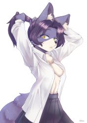  1girl absurdres adjusting_hair animal_ear_fluff animal_ears arms_behind_head arms_up black_hair black_skirt breasts collared_shirt commentary cowboy_shot expressionless furry furry_female gaothun high_ponytail highres long_hair long_sleeves looking_at_viewer medium_breasts nipples no_bra open_clothes open_shirt original pleated_skirt ponytail purple_fur purple_hair shirt signature simple_background skirt solo stomach tail tying_hair white_background white_fur wolf wolf_ears wolf_tail yellow_eyes  rating:Questionable score:19 user:danbooru