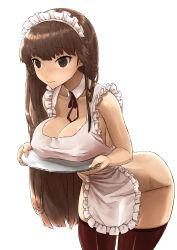  1girl absurdres apron blush breast_rest breasts breasts_on_tray brown_eyes brown_hair carrying cowboy_shot frilled_apron frills haraya_manawari highres holding holding_tray large_breasts long_hair maid maid_apron maid_day maid_headdress naked_apron original sideboob solo thighhighs tray waist_apron white_apron 