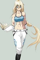  1girl abs blonde_hair blue_eyes book braid braided_ponytail breasts female_focus freckles hands_in_pockets lummypixith muscular muscular_female original simple_background solo 