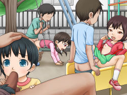  3boys 3girls censored child_on_child clothing_aside doggystyle group_sex komekouji loli missionary multiple_boys multiple_girls oral orgy panties panties_aside playground public_indecency sex sex_from_behind tears underwear 