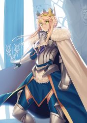  1girl armor armored_boots armored_dress artoria_pendragon_(all) artoria_pendragon_(fate) artoria_pendragon_(lancer)_(fate) banner blonde_hair boots braid braided_bun cape closed_eyes closed_mouth column commentary_request crown fate/grand_order fate_(series) frown fur-trimmed_cape fur_trim gauntlets greaves green_eyes hair_between_eyes hair_bun long_hair looking_at_viewer pillar revealing_clothes revision saber_(fate) sidelocks solo standing tsukikanade white_cape 