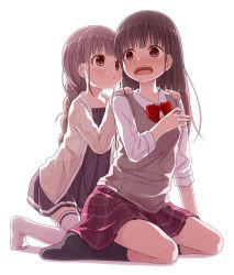  2girls age_difference black_dress black_legwear blush bow braid breasts brown_eyes brown_hair brown_jacket closed_mouth collared_shirt commentary_request dress dress_shirt hands_on_another&#039;s_shoulders jacket kago_no_tori kneeling long_hair long_sleeves multiple_girls no_shoes nose_blush onee-loli open_clothes open_jacket open_mouth original pleated_dress pleated_skirt red_bow red_skirt school_uniform seiza shadow shirt single_braid sitting skirt sleeves_past_wrists small_breasts socks sweater_vest thighhighs very_long_hair white_legwear white_shirt yuri  rating:Sensitive score:32 user:danbooru