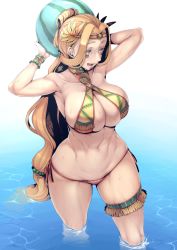  1girl :d alternate_costume armpits arms_up aztec bare_shoulders bikini blonde_hair bracer breasts chin_piercing cleavage commentary_request duplicate facial_mark fate/grand_order fate_(series) feather_hair_ornament feathers food fruit green_eyes hair_ornament halterneck headband highres holding holding_food large_breasts long_hair multicolored_bikini multicolored_clothes nakamura_regura navel open_mouth partially_submerged quetzalcoatl_(fate) side-tie_bikini_bottom sidelocks smile sweat swimsuit thighlet thighs very_long_hair wading water watermelon wet wide_hips  rating:Sensitive score:99 user:danbooru