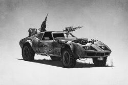  car chevrolet chevrolet_corvette chevrolet_corvette_c3 commentary engine english_commentary greyscale harpoon harpoon_gun highres mad_max mad_max:_fury_road monochrome motor_vehicle no_humans shadow shanemolina sports_car turret vehicle_focus 