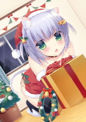 1girl animal_ears bell black_thighhighs blue_hair blush cat_ears cat_girl cat_slippers cat_tail christmas christmas_tree collar dress dutch_angle elbow_gloves fang fur-trimmed_gloves fur_trim gift gloves green_eyes hair_bell hair_ornament hat highres indoors jingle_bell looking_at_viewer night okazaki_milte open_mouth original over-kneehighs red_dress red_gloves santa_costume santa_hat short_twintails slippers solo star_(symbol) star_hair_ornament tail tareme thighhighs twintails rating:Sensitive score:4 user:danbooru