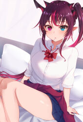 1girl alternate_costume bed bed_sheet blush breasts clothes_around_waist heterochromia highres hololive hololive_english horns irys_(hololive) lollipop_in_mouth lollipop_stick long_hair looking_at_viewer medium_breasts pillow pink_hair pointy_ears ponytail purple_hair ribbon shirt skirt sweater sweater_around_waist t-shirt