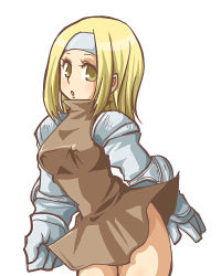  1girl blonde_hair breasts covered_erect_nipples dress female_focus final_fantasy final_fantasy_tactics gauntlets ginger_yaki headband long_hair lowres shougayaki_(kabayaki_3) simple_background solo squire_(fft) white_background yellow_eyes 