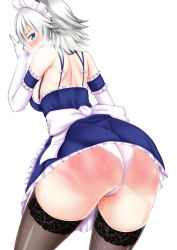 1girl against_wall apron ass blue_eyes blush bow breasts dress ebi_193 elbow_gloves from_behind gloves izayoi_sakuya lace lace-trimmed_legwear lace_trim large_breasts looking_at_viewer looking_back maid maid_apron maid_headdress microskirt panties pantyshot pink_panties pussy_juice revision sash short_hair sideboob silver_hair skirt solo spanked tears thighhighs thighs touhou underwear upskirt rating:Explicit score:70 user:armorcrystal