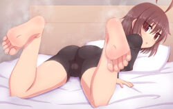1girl ahoge ass bare_legs barefoot bed bed_sheet bike_shorts black_shorts brown_eyes brown_hair cameltoe feet feet_up female_focus from_behind hair_between_eyes highres legs_up light_blush linne looking_at_viewer looking_back lying medium_hair on_bed on_stomach parted_lips pillow short_hair shorts soles steam sweat toes under_night_in-birth unikurage rating:Questionable score:113 user:ssfl