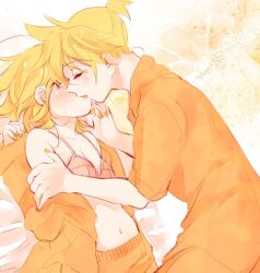  1boy 1girl ahoge bare_shoulders blush bra breasts closed_eyes dutch_angle french_kiss hand_on_another&#039;s_shoulder interlocked_fingers kagamine_len kagamine_rin kiss lying midriff mimi_mine navel on_back on_bed open_clothes open_pajamas open_shirt orange_pajamas pajamas pink_bra short_hair short_ponytail small_breasts underwear undressing vocaloid yellow_nails 