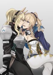 2girls 4ouharuu absurdres animal_ears arknights armor blonde_hair blue_capelet blue_eyes breastplate breasts capelet cleavage commission crossover food food_in_mouth genshin_impact hair_between_eyes headset highres horse_ears jean_(genshin_impact) long_hair medium_breasts multiple_girls nearl_(arknights) pants pocky pocky_in_mouth pocky_kiss ponytail shared_food simple_background smile tight_clothes tight_pants white_pants yellow_eyes yuri