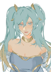  1girl aqua_eyes aqua_hair bare_shoulders breasts cleavage detached_sleeves dress gold_collar hair_ornament highres league_of_legends linrelia lips long_hair looking_at_viewer parted_lips portrait simple_background solo sona_(league_of_legends) strapless strapless_dress twintails upper_body white_background 