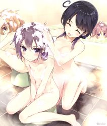 &gt;:| 10s 4girls :d :| ^_^ age_difference ahoge akebono_(kancolle) alternate_hairstyle amagai_tarou annoyed barefoot bath bath_stool bathing bathtub between_legs black_hair blush breasts brown_eyes brown_hair censored censored_nipples closed_eyes closed_mouth convenient_censoring flat_chest foam folded_ponytail full_body grey_hair groin hair_bun hair_up hand_between_legs hand_on_another&#039;s_head hands_on_lap happy head_tilt indoors kantai_collection kneeling large_breasts leaning_forward light_brown_hair long_hair looking_at_viewer multiple_girls navel nude object_on_head oboro_(kancolle) open_mouth parted_bangs partially_submerged pink_hair profile purple_eyes purple_hair rabbit same-sex_bathing sazanami_(kancolle) shared_bathing short_hair sideboob single_hair_bun sitting small_breasts smile soap_bubbles soap_censor steam steam_censor stool tile_floor tiles twitter_username ushio_(kancolle) v-shaped_eyebrows v_arms wariza washing washing_hair water wet rating:Questionable score:53 user:danbooru
