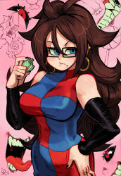  1girl alex_ahad android_21 bare_shoulders black_nails black_sleeves blue_dress blue_eyes brown_hair cowboy_shot crumbs detached_sleeves dragon_ball dragon_ball_fighterz dress earrings eating food glasses hair_between_eyes hand_on_own_hip highres holding holding_food hoop_earrings jewelry long_hair long_sleeves looking_to_the_side macaron multicolored_clothes pink_background red_dress signature sleeveless solo 