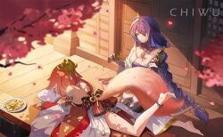  2girls animal_ears anklet armor artist_name back_bow bare_back bare_shoulders barefoot black_thighhighs book bow braid breasts brushing_tail cherry_blossoms chinese_commentary chiwu199 cleavage clothing_cutout comb commentary_request dappled_sunlight day detached_collar detached_sleeves earrings falling_petals floral_print food fox_ears fox_girl fox_tail from_above full_body genshin_impact hair_ornament headpiece highres holding holding_comb japanese_clothes jewelry kimono long_hair low-braided_long_hair low-tied_long_hair lying multiple_girls obi on_stomach open_book outdoors pauldrons petals pink_hair plate purple_eyes purple_hair raiden_shogun reading sash seiza shoulder_armor single_braid single_pauldron sitting skirt smile sunlight tail tail_through_clothes thighhighs white_kimono white_skirt white_sleeves wide_sleeves yae_miko 