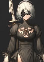 1girl ahd artist_request black_background black_dress blindfold breasts cleavage dress hairband highres long_sleeves mole mole_under_mouth nier_(series) nier:automata puffy_sleeves short_hair simple_background solo sword upper_body weapon white_hair 2b_(nier:automata) rating:Sensitive score:22 user:danbooru