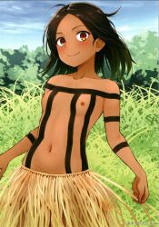  1girl absurdres black_hair blue_sky blush bodypaint breasts cloud dark_nipples dark_skin forest grass grass_skirt highres holding holding_clothes holding_skirt kanden_sky nature nipples orange_eyes original outdoors outstretched_arms short_hair skirt sky small_breasts small_nipples smile topless tree tribal  rating:Questionable score:130 user:danbooru
