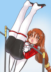 1girl absurdres ass black_bodysuit bodysuit boots brown_eyes brown_hair erica_fontaine flexible gloves gymnastics highres impossible_bodysuit impossible_clothes legs_up open_mouth pole sakura_taisen sakura_taisen_iii sega shiny_clothes shiny_skin shoe_soles skin_tight solo thigh_boots thighhighs
