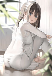  1girl ass barefoot blue_eyes blue_hairband blurry blurry_foreground blush bra_visible_through_clothes breasts brown_hair commentary_request day dress feet flower from_side hair_between_eyes hair_flower hair_ornament hairband highres indoors knees_up kureha_(ironika) large_breasts long_hair long_sleeves looking_at_viewer original panties_visible_through_clothes pants parted_lips plant rose sitting smile solo tile_floor tiles tsubasa_(kureha) turning_head vietnamese_clothes vietnamese_dress white_dress white_flower white_pants white_rose window 