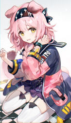  1girl animal_ears arknights black_bow black_hairband black_wristband blue_bow blush bow braid cat_ears cat_girl cat_tail commentary garter_straps goldenglow_(arknights) grey_jacket hair_bow hair_brush hair_ornament hairband hairclip highres jacket kneeling lightning_bolt_print long_hair long_sleeves looking_at_viewer multicolored_clothes multicolored_jacket open_mouth pink_hair pink_jacket pleated_skirt pocket print_bow print_hairband purple_skirt scissors seiza side_braid sitting skirt solo tail tearing_up tears thighhighs tile_floor tiles white_thighhighs xing_(gloryxing) yellow_eyes 