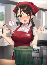  1girl apron basket blush breasts brown_eyes brown_hair commentary_request heart highres indoors large_breasts long_hair original ponytail red_apron red_headwear sakura_yuki_(clochette) scanner shirt smile solo teeth translation_request upper_teeth_only white_shirt  rating:Sensitive score:30 user:danbooru