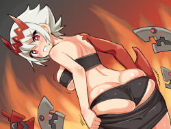  1girl angry ass ass_focus back bandeau black_panties black_skirt blush breast_press breasts butt_crack clenched_teeth clothes_pull cougar_(cougar1404) crown dragon:_marked_for_death dragon_arm embarrassed empress_(dmfd) female_focus fiery_background fire from_behind huge_ass large_breasts looking_at_viewer looking_back panties red_crown red_eyes scar scar_on_face short_hair skirt skirt_pull solo sweatdrop teeth underwear undressing wedgie white_hair  rating:Questionable score:15 user:macmanexe