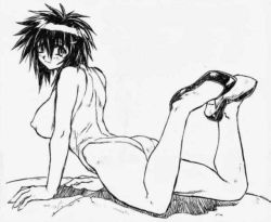  1990s_(style) 1girl ass black_hair breasts covered_erect_nipples full_body looking_at_viewer melfina mogudan monochrome outlaw_star retro_artstyle shoes smile solo swimsuit  rating:Questionable score:22 user:B-kun