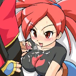  00s 1boy 1girl after_ejaculation blush breasts brendan_(pokemon) covered_erect_nipples creatures_(company) cum cum_in_mouth cum_on_body cum_on_breasts cum_on_clothes cum_on_upper_body dark_penis erection facial flannery_(pokemon) game_freak gym_leader handjob hetero impossible_clothes impossible_shirt konpeto large_breasts lowres midriff nintendo oekaki penis pokemon pokemon_rse red_eyes red_hair saliva saliva_trail shirt solo_focus uncensored  rating:Explicit score:168 user:danbooru