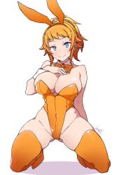  1girl animal_ears batta_16-sei blue_eyes bow bowtie breasts cleavage closed_mouth commentary_request fake_animal_ears gundam gundam_build_fighters hand_on_own_chest highleg highleg_leotard highres hoshino_fumina kneeling large_breasts leotard looking_at_viewer orange_bow orange_bowtie orange_hair orange_leotard orange_thighhighs ponytail rabbit_ears signature simple_background smile solo strapless strapless_leotard thighhighs white_background white_wrist_cuffs wrist_cuffs 