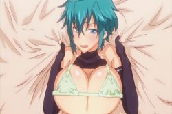 1girl aqua_eyes aqua_hair bare_shoulders bed blush bouncing_breasts bra breasts cleavage large_breasts lying nipples on_back rance rance_(series) short_hair underwear undressing upper_body rating:Questionable score:83 user:lordroticiv