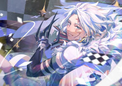  1boy allen_walker allenkung1 black_order_uniform bloom blue_eyes card checkered_background claws d.gray-man earrings facial_mark fur_trim gloves grin highres jewelry long_sleeves looking_at_viewer male_focus shirt short_hair single_earring smile solo sparkle white_hair 