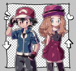  1boy 1girl arms_behind_back arrow_(symbol) ash_ketchum black_bow black_gloves black_hair black_shirt black_thighhighs blonde_hair blue_eyes blue_jacket bow brown_eyes commentary_request creatures_(company) fingerless_gloves game_freak gloves grey_pants hair_between_eyes hat hat_bow heart highres jacket long_hair looking_at_viewer mgomurainu nintendo pants pleated_skirt pokemon pokemon_(anime) pokemon_xy_(anime) red_hat red_skirt serena_(pokemon) shirt short_hair short_sleeves skirt smile thighhighs 