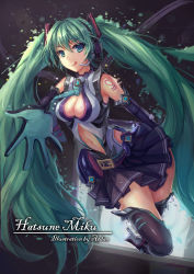 1girl :q absurdres artist_name atdan bad_id bad_pixiv_id belt breasts character_name cleavage cleavage_cutout clothing_cutout elbow_gloves gloves green_eyes green_hair hatsune_miku headset highres large_breasts long_hair matching_hair/eyes navel navel_cutout necktie skirt solo thighhighs through_medium through_screen tongue tongue_out twintails vocaloid rating:Sensitive score:28 user:danbooru