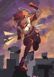  1girl absurdres angel arknights belt black_pantyhose closed_mouth detached_wings energy_wings exusiai_(arknights) full_body hair_over_one_eye halo highres jacket orange_eyes pantyhose reach_far_away_(viuooczy) red_hair solo sunset white_jacket wings 