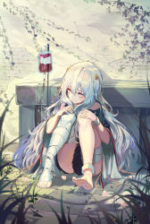  1girl absurdres bandaged_leg bandages barefoot blue_eyes commentary_request feet full_body girls&#039;_frontline hair_between_eyes highres hugging_own_legs intravenous_drip long_hair looking_to_the_side multicolored_hair no_shoes outdoors peulopi plant ribeyrolles_(girls&#039;_frontline) sitting soles solo thighs toes very_long_hair wavy_hair white_hair wristband  rating:Sensitive score:14 user:danbooru