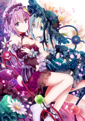  2girls adapted_costume apple armpit_crease bare_shoulders black_hairband black_hat black_ribbon blue_flower blue_rose blush bow breast_press breasts c: cleavage closed_mouth commentary cover detached_sleeves dress eyeball falling_petals feet feet_out_of_frame floral_background flower food frilled_dress frilled_hairband frilled_sleeves frills fruit givuchoko gothic_lolita grapes green_apple green_eyes green_hair hair_between_eyes hair_ornament hairband halterneck hand_on_another&#039;s_shoulder hat hat_bow hat_ribbon heart heart_hair_ornament hug juliet_sleeves knees_together_feet_apart komeiji_koishi komeiji_satori leaf legs light_particles lolita_fashion long_sleeves looking_at_viewer medium_breasts medium_hair multiple_girls no_shoes petals pink_eyes pink_hair puffy_sleeves red_apple red_flower red_rose ribbon rose short_dress short_hair siblings sisters sitting sleeveless sleeveless_dress smile socks split_mouth striped_bow symmetrical_docking textless_version third_eye touhou white_flower white_socks wide_sleeves yellow_flower 