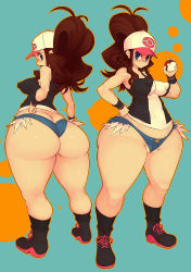  10s 1girl ass baseball_cap blue_eyes breasts brown_hair cameltoe cleft_of_venus covered_erect_nipples creatures_(company) curvy denim denim_shorts fat game_freak h_hiroma hand_on_own_hip hat highres hilda_(pokemon) hip_focus huge_ass large_breasts long_hair looking_back nintendo nipples panties partially_visible_vulva plump poke_ball pokemon pokemon_bw ponytail puffy_nipples short_shorts shorts thick_thighs thighs thong underwear vest wide_hips  rating:Questionable score:259 user:Ichiban_awesome