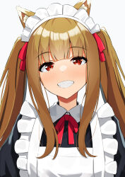  1girl :d alternate_costume alternate_hairstyle amenocchi animal_ear_fluff animal_ears apron black_shirt blunt_bangs blush bright_pupils brown_hair commentary enmaided fangs frilled_apron frills grin hair_ribbon happy highres holo long_hair looking_at_viewer maid maid_apron maid_headdress neck_ribbon open_mouth red_ribbon ribbon shirt sidelocks simple_background slit_pupils smile solo spice_and_wolf straight_hair tsurime twintails upper_body white_apron white_background wolf_ears wolf_girl 