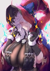 1girl black_dress black_gloves blush breasts cape cleavage dress fur-trimmed_cape fur_trim gloves granblue_fantasy hat huge_breasts ion_(cation) long_hair looking_at_viewer magisa_(granblue_fantasy) purple_eyes red_cape red_hat see-through see-through_cleavage sideboob silver_hair smile solo sparkle very_long_hair witch_hat rating:Sensitive score:57 user:danbooru