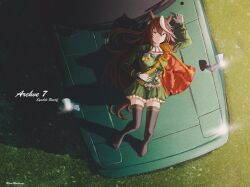  1girl absurdres animal_ears artist_name black_thighhighs brown_hair capelet car ear_ornament epaulettes from_above full_body green_jacket green_skirt hair_between_eyes highres horse_ears horse_girl horse_tail jacket long_hair long_sleeves looking_at_viewer lying mazda mazda_rx-7 mazda_rx-7_fb motor_vehicle multicolored_hair no_shoes on_back purple_eyes red_capelet run_rotary single_epaulette skirt solo streaked_hair symboli_rudolf_(umamusume) tail thighhighs umamusume vehicle_focus white_hair 